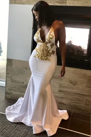Gold sequin white spandex halter V neck prom dress