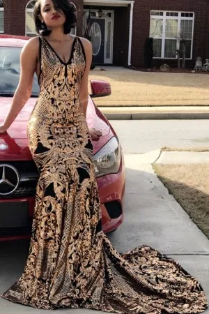 gold sequin black lining V neck long prom dress