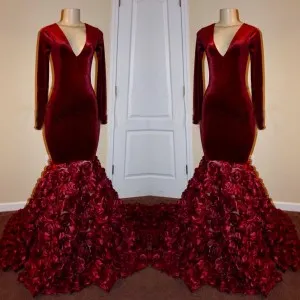 Burgundy velvet long sleeve 3D rosettes prom dress