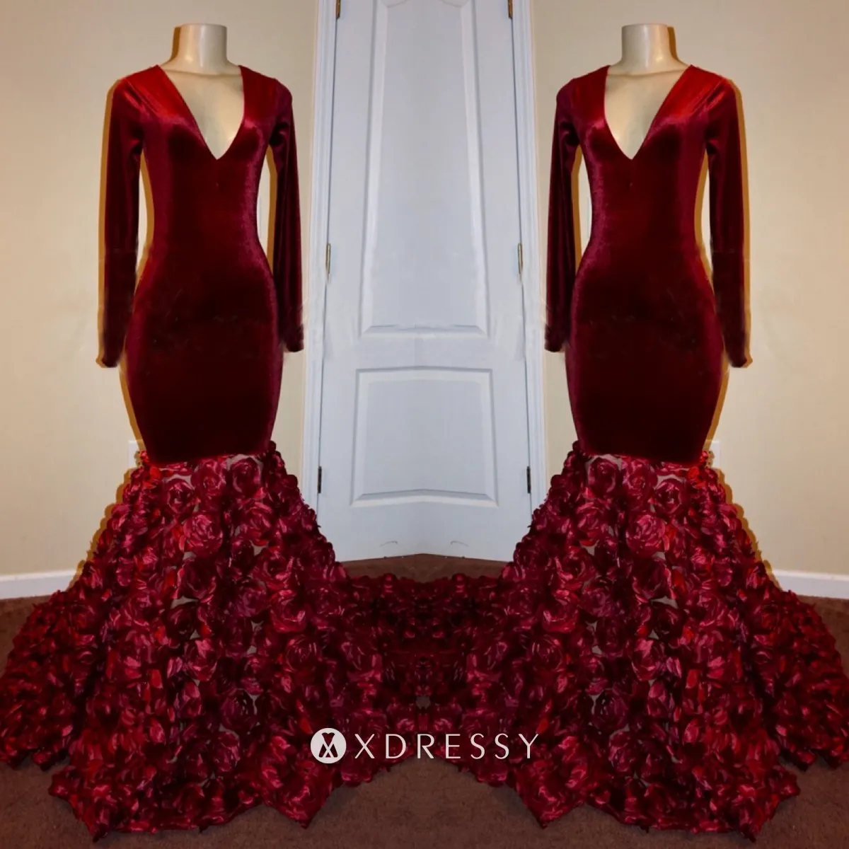 Burgundy velvet long sleeve 3D rosettes prom dress