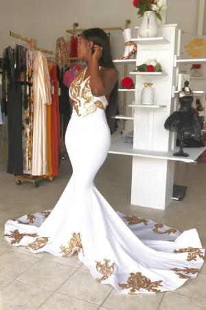 Gold sequin appliqued white spandex long prom gown