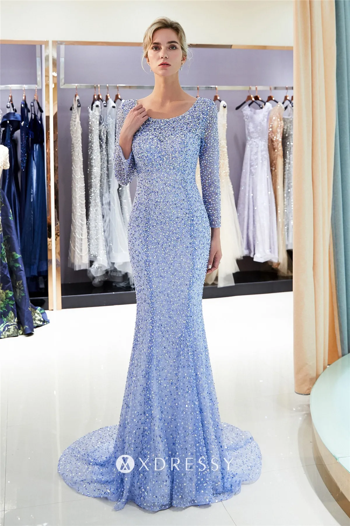 luxury blue fully beading sleeved mermaid evening dress