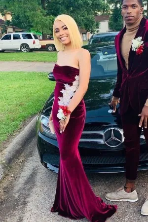 strapless wine velvet mermaid long prom dress