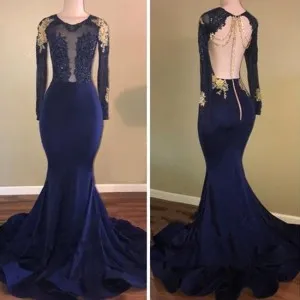 long sleeve gold lace navy blue mermaid prom dress