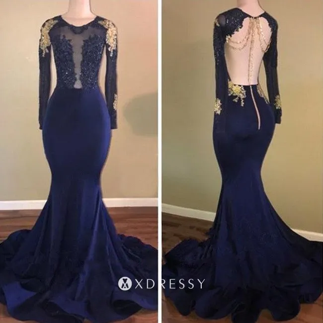 long sleeve gold lace navy blue mermaid prom dress