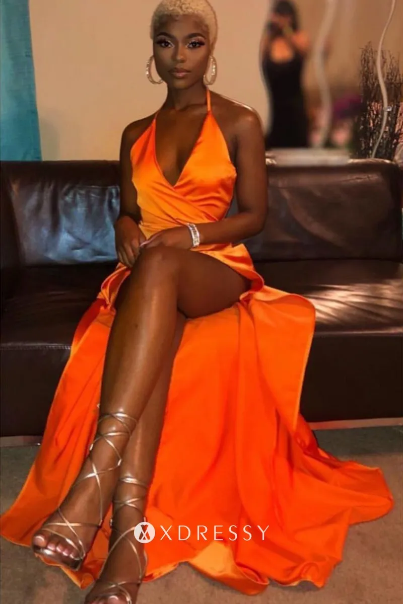 high split sexy orange prom dress