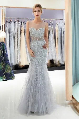 beading illusion bodice feather grey prom dress