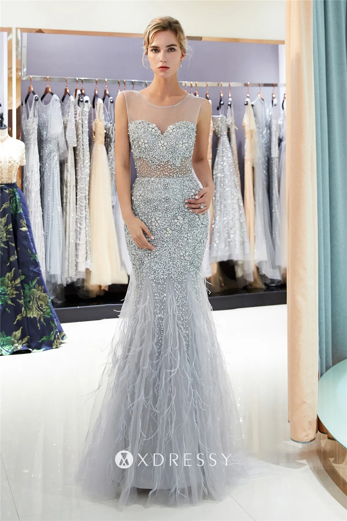 beading illusion bodice feather grey prom dress