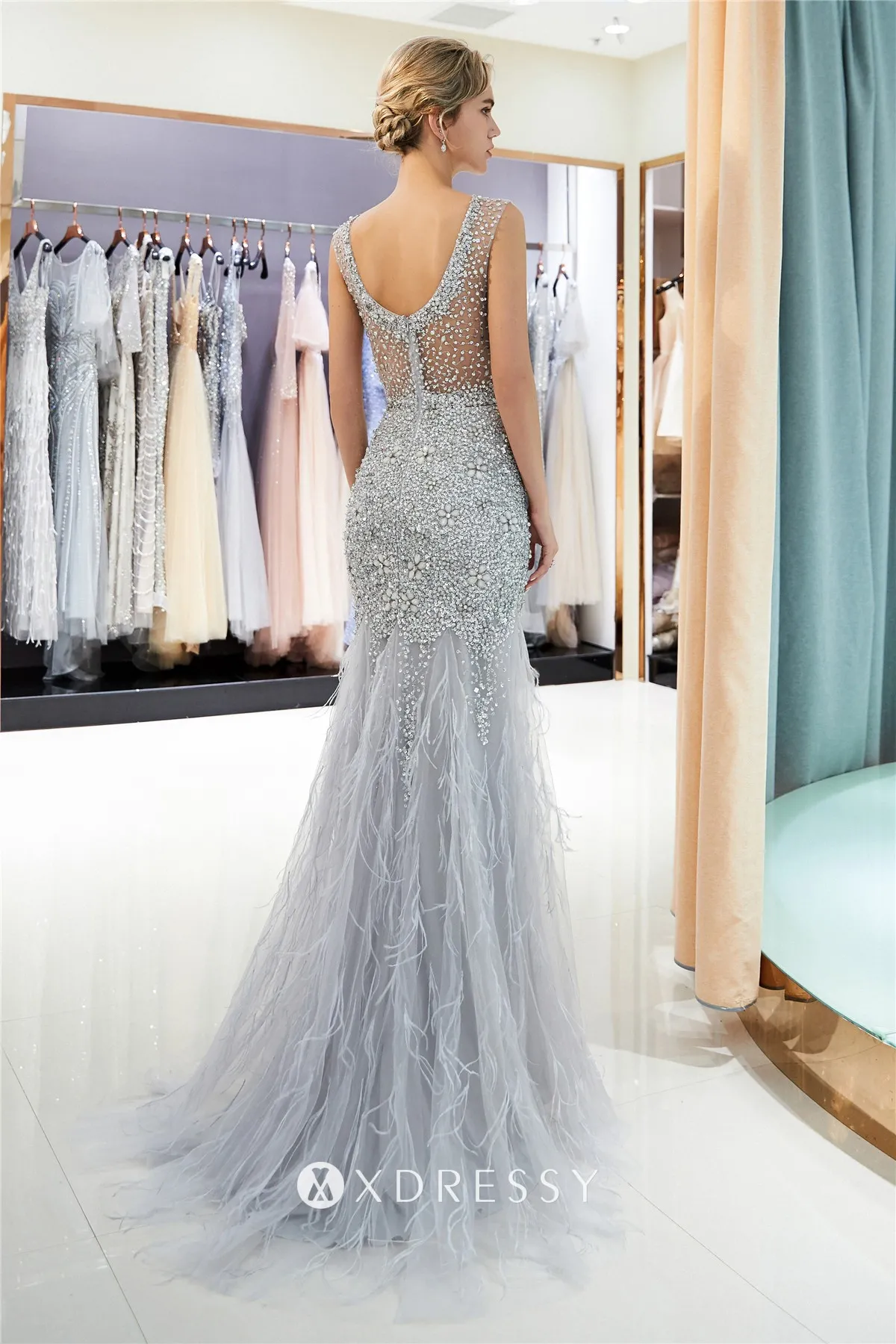 illusion back beading feather grey prom dress