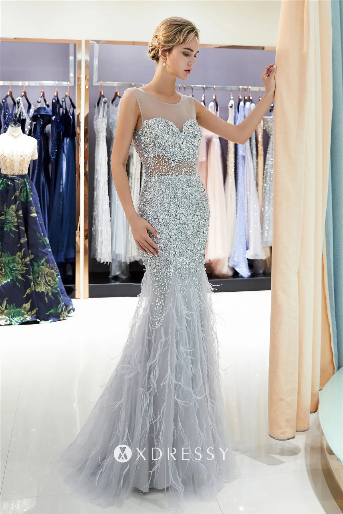 illusion sweetheart bodice grey prom dress