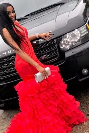 V neck ruffled organza red mermaid prom dress