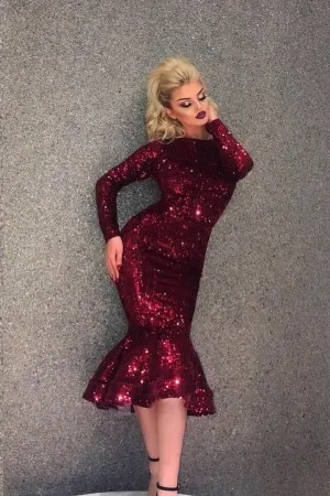 tea length long sleeve sparkly wine sequin prom gown