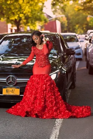 beaded bodice long sleeve 3D rosette red prom dress