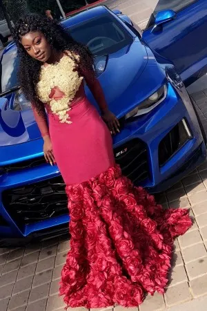 gold lace 3D rosette sheer long sleeve wine prom dress