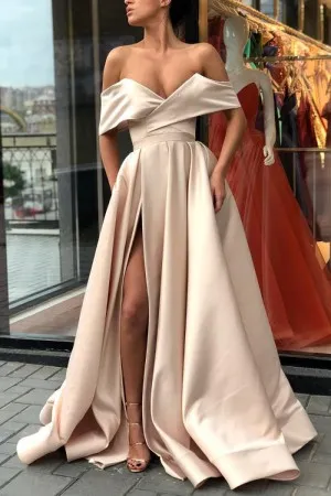 high slit off the shoulder khaki satin sexy prom dress