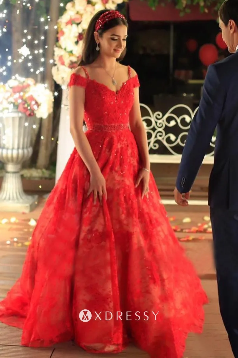 cold shoulder ball gown red engagement dress