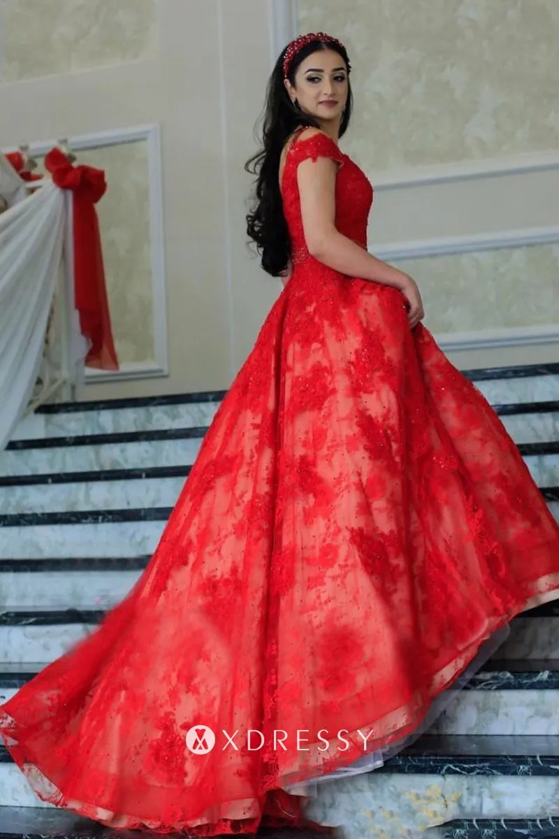 red lace ball gown engagement dress with long train