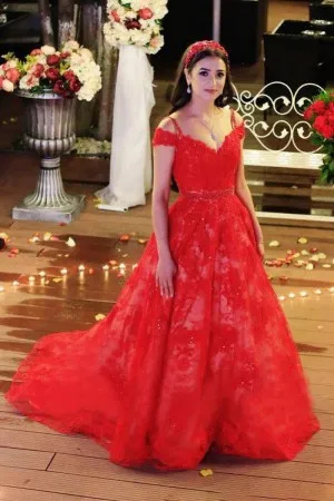 red lace cold shoulder ball gown engagement dress