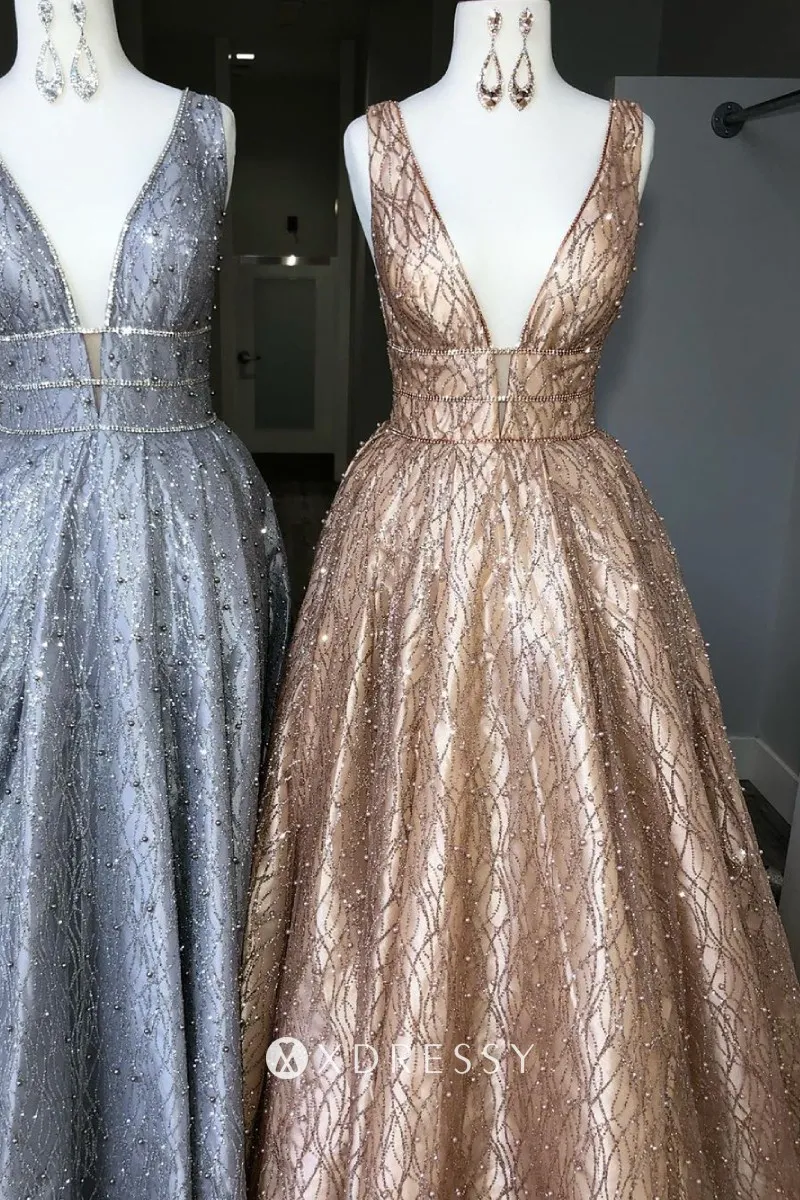 plunging V neck glitter with pearls ball gown prom dresses plunging V neck glitter with pearls ball gown prom dresses