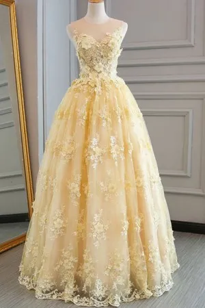 3D Floral illusion neck Yellow Prom Ball Gown