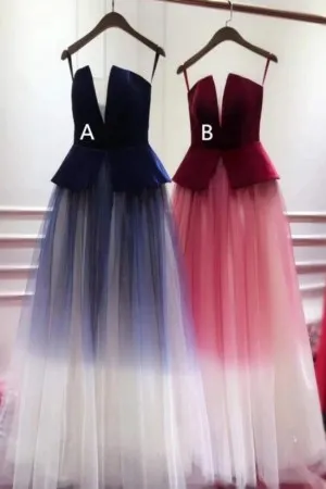 Strapless V cut peplum ombre long prom dress