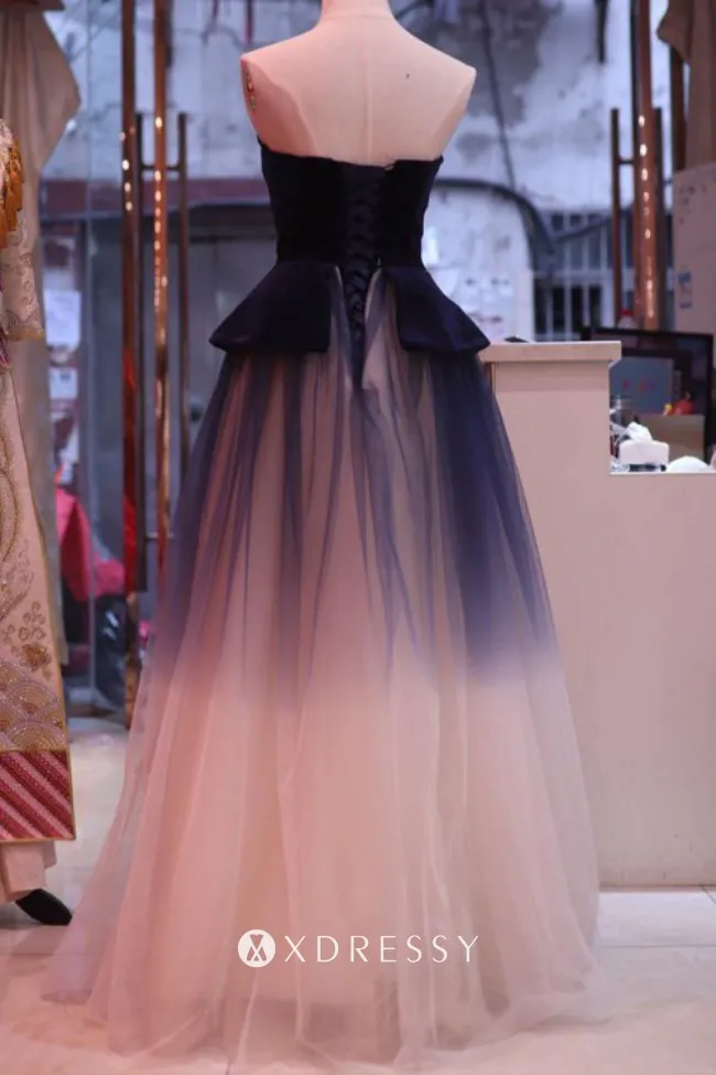 low back peplum ombre long prom dress
