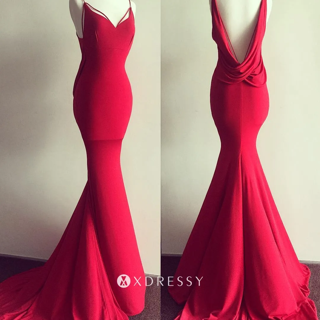 cowl open back red spandex mermaid prom dress