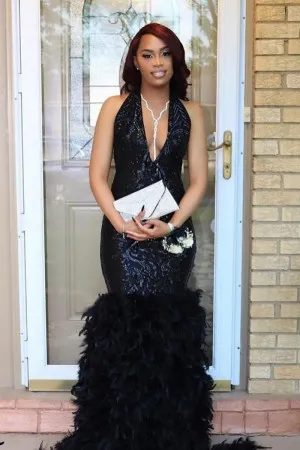 feather black sequin unique mermaid prom dress