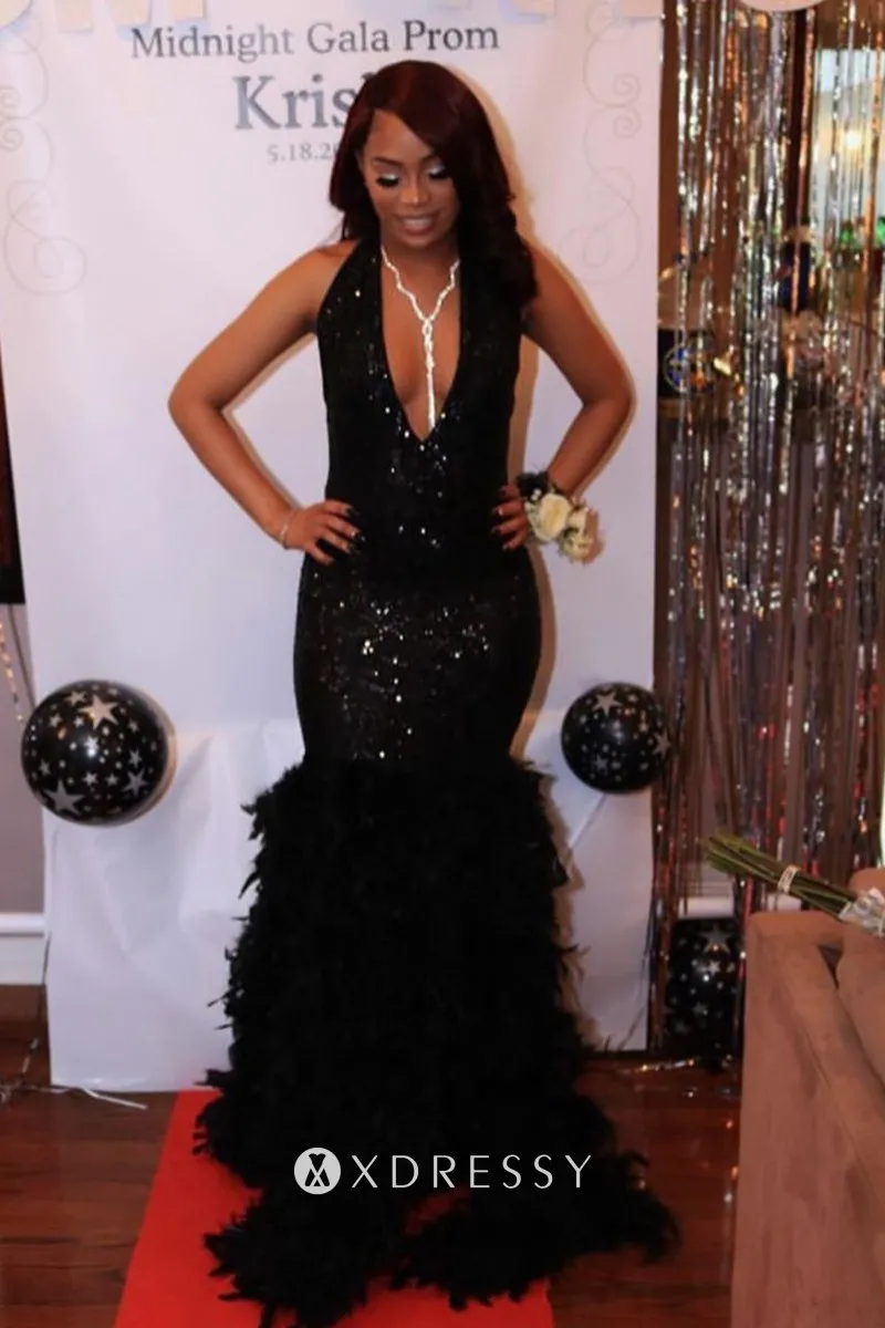 plunging v neck mermaid prom dress