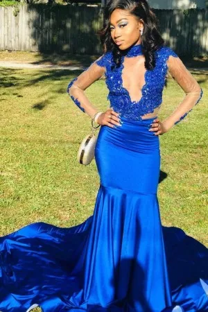 high neck royal blue African American prom dress