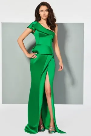 thigh split green satin one shoulder prom dress