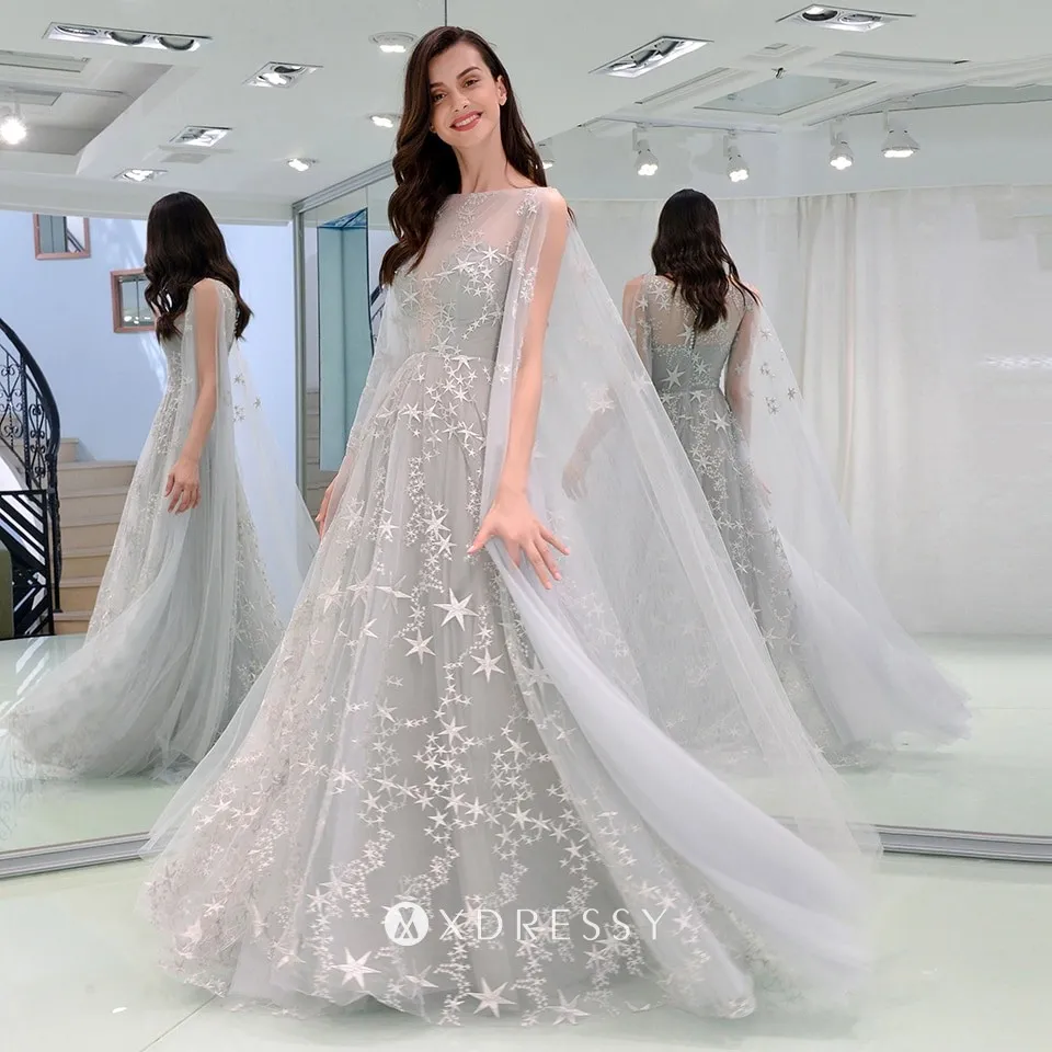 Glitter stars embellished grey tulle pageant gown Glitter stars embellished grey tulle pageant gown
