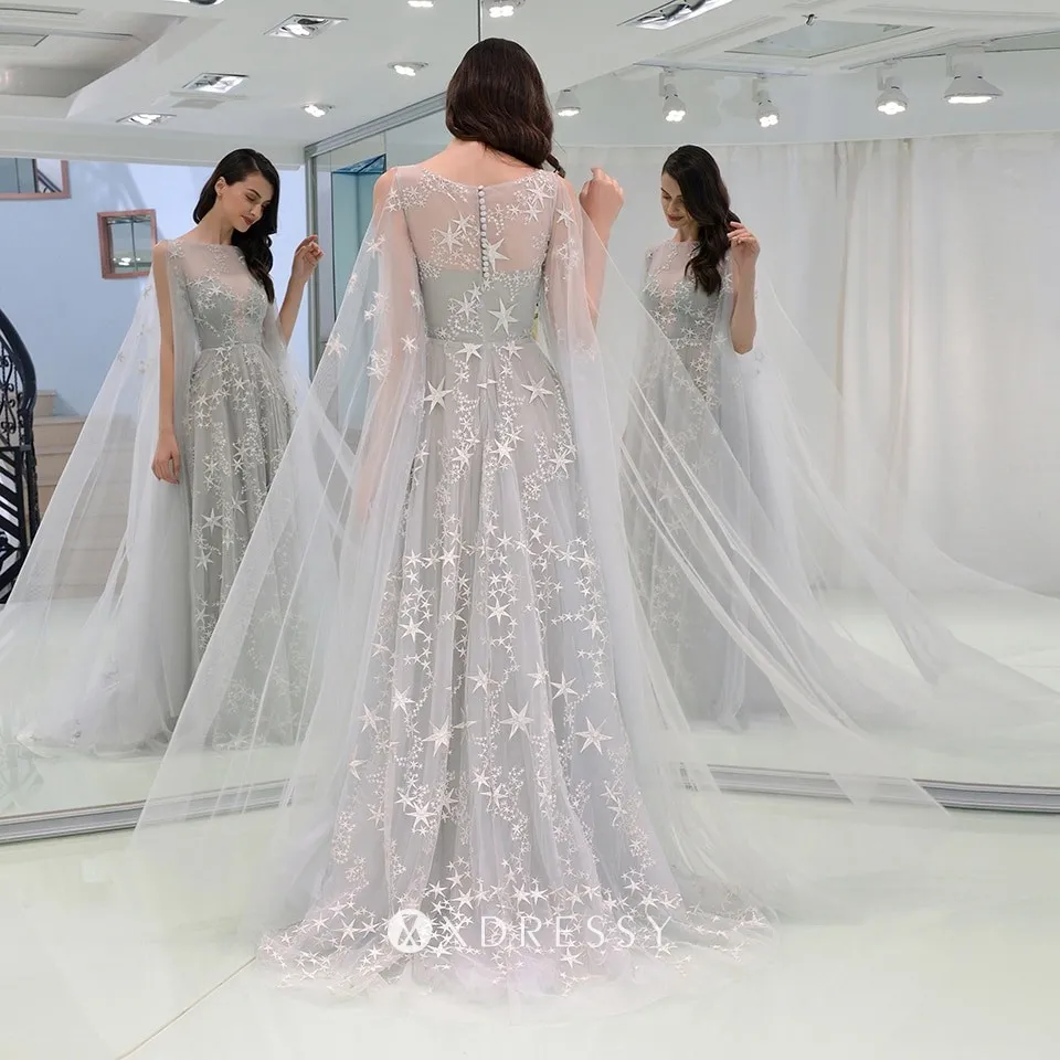 Illusion closed back stars embellished grey tulle prom gown Illusion closed back stars embellished grey tulle prom gown