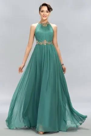 jade chiffon with gold appliques A line long dress