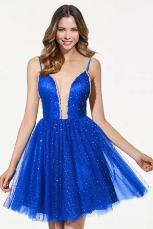 beaded ocean blue tulle plunging neckline short homecoming dress