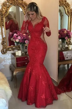 beaded red lace cut out trumpet long formal prom gown