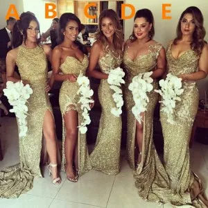 Gold sequin mismatched long bridesmaid dresses