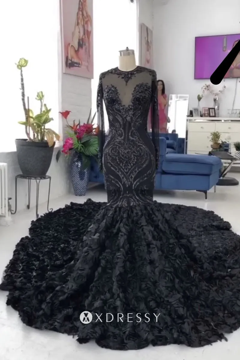 Black lace and 3D rosette long train prom dress