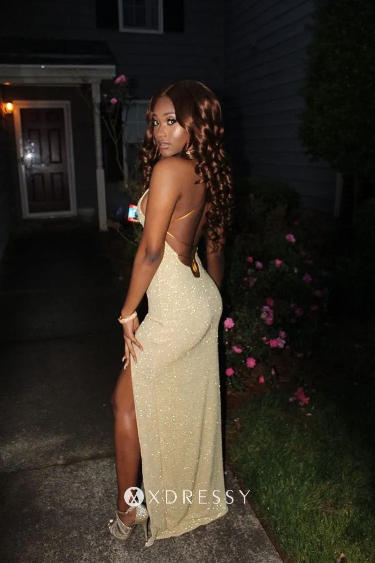 Backless glitter slit long sheath prom gown