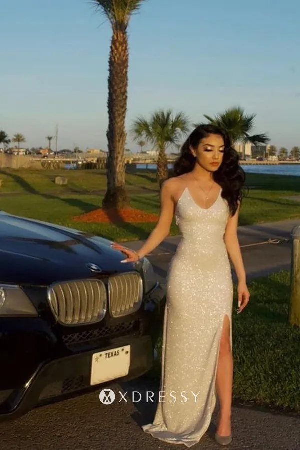 Bedazzled glitter slit long sheath prom gown