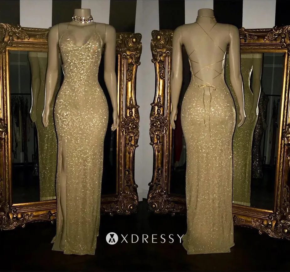 Glitter slit long sheath prom gown with thigh high slit