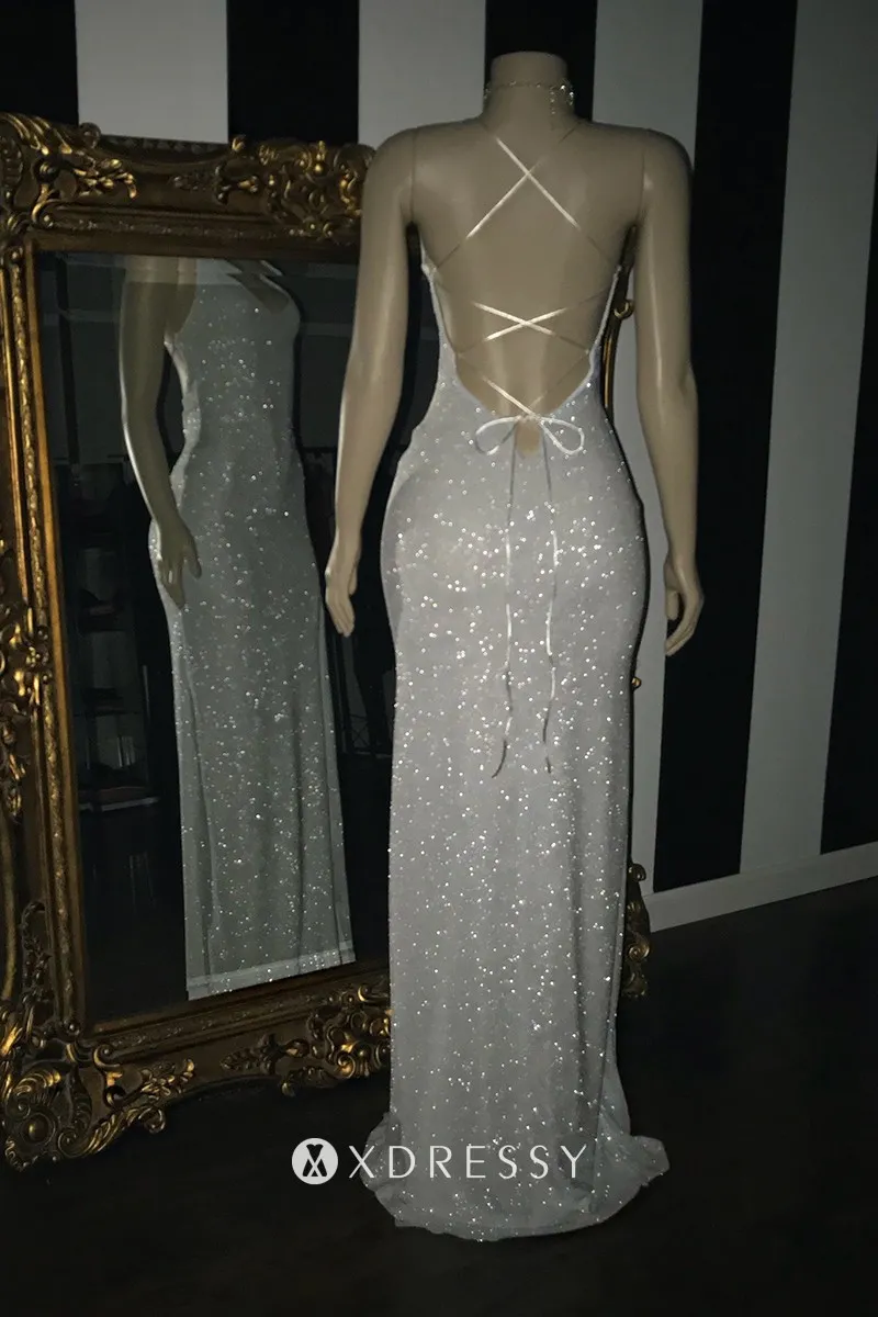 white glitter slit long sheath prom gown with strappy back