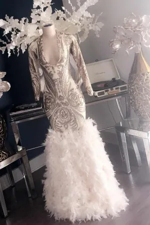 Elegant sequin and feather trumpet long sleeve prom gown