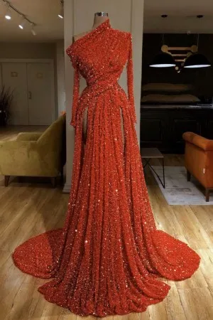 Shiny fabric red double slit unqiue long prom dress