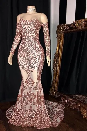 rose gold sequin off shoulder sweetheart prom gown