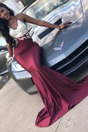beaded lace burgundy spandex trumpet prom dress