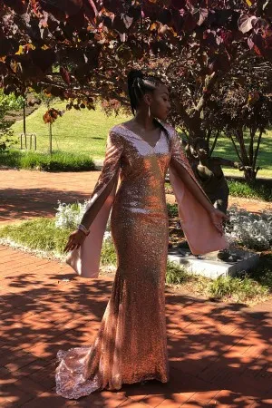 gold sequin unique split long sleeve mermaid prom dress