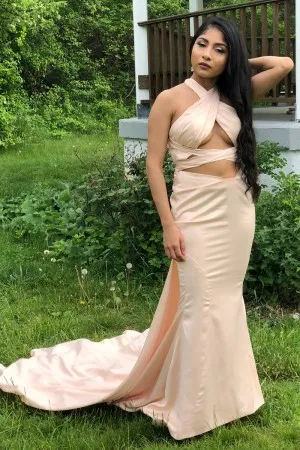 nude pink satin cut out mermaid unique prom dress