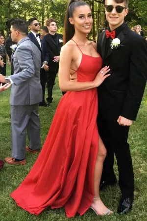 low back spaghetti strap high slit red prom dress