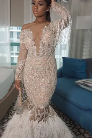 luxury glitter father tassel mermaid prom dress